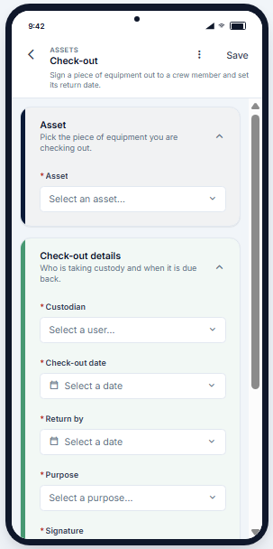 Tracking an asset through check-out in the mobile app