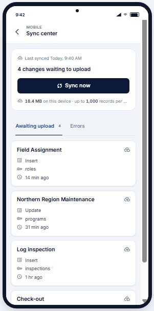 The sync center uploading field changes once a connection returns