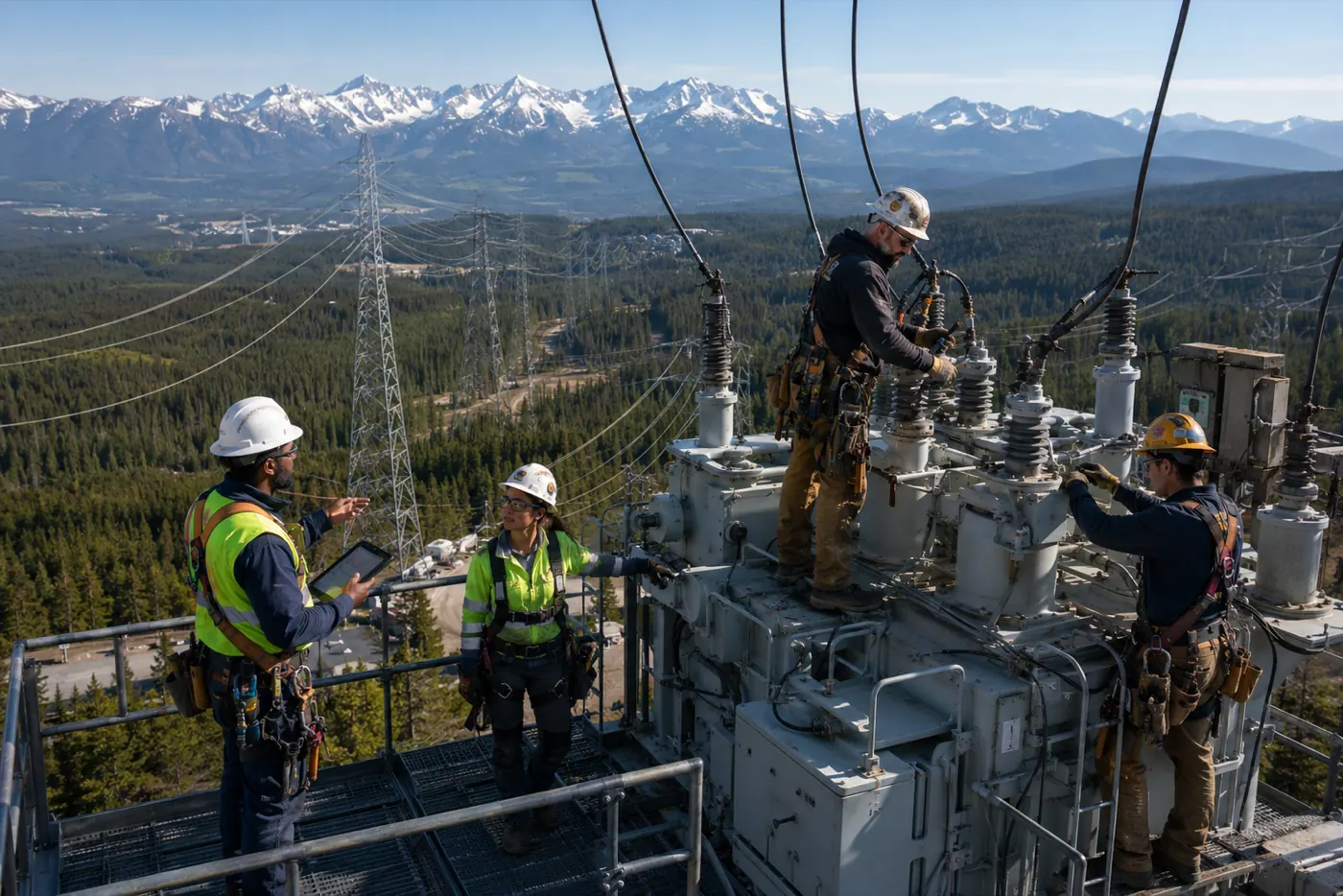A utility crew working a substation, logging the job on a tablet
